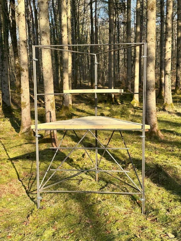 Drückjagdbock ohne Dach, Frontansicht im Wald